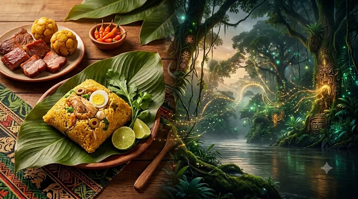 Comida amazónica junto a un río de selva mística iluminado por tonos cálidos y verdes.