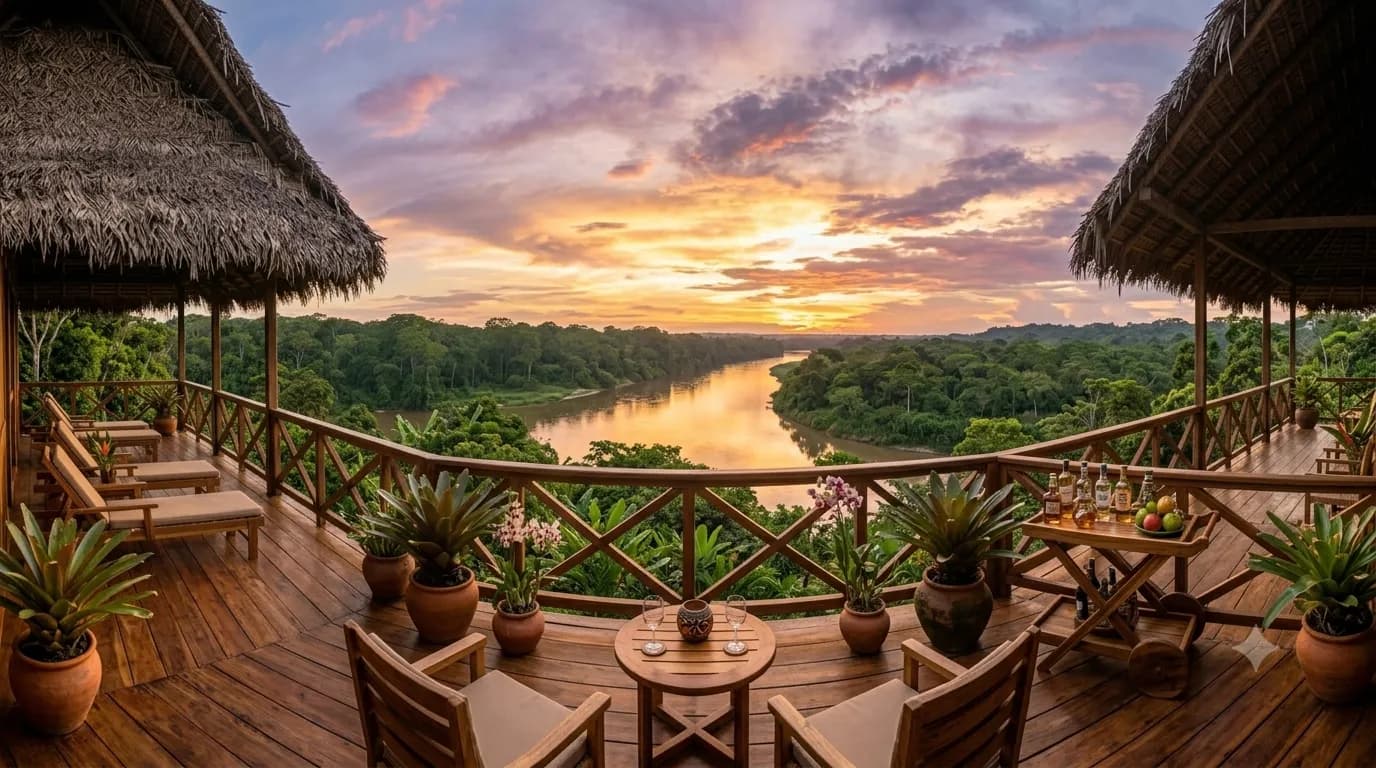 View of accommodation nestled in the natural surroundings of the Peruvian Amazon.
