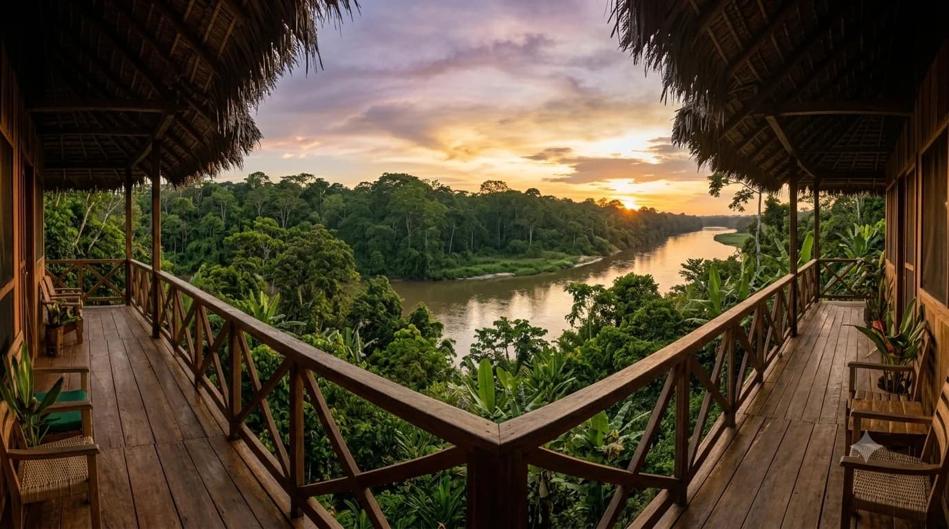 Peruvian Amazon landscape with a river and tropical vegetation.