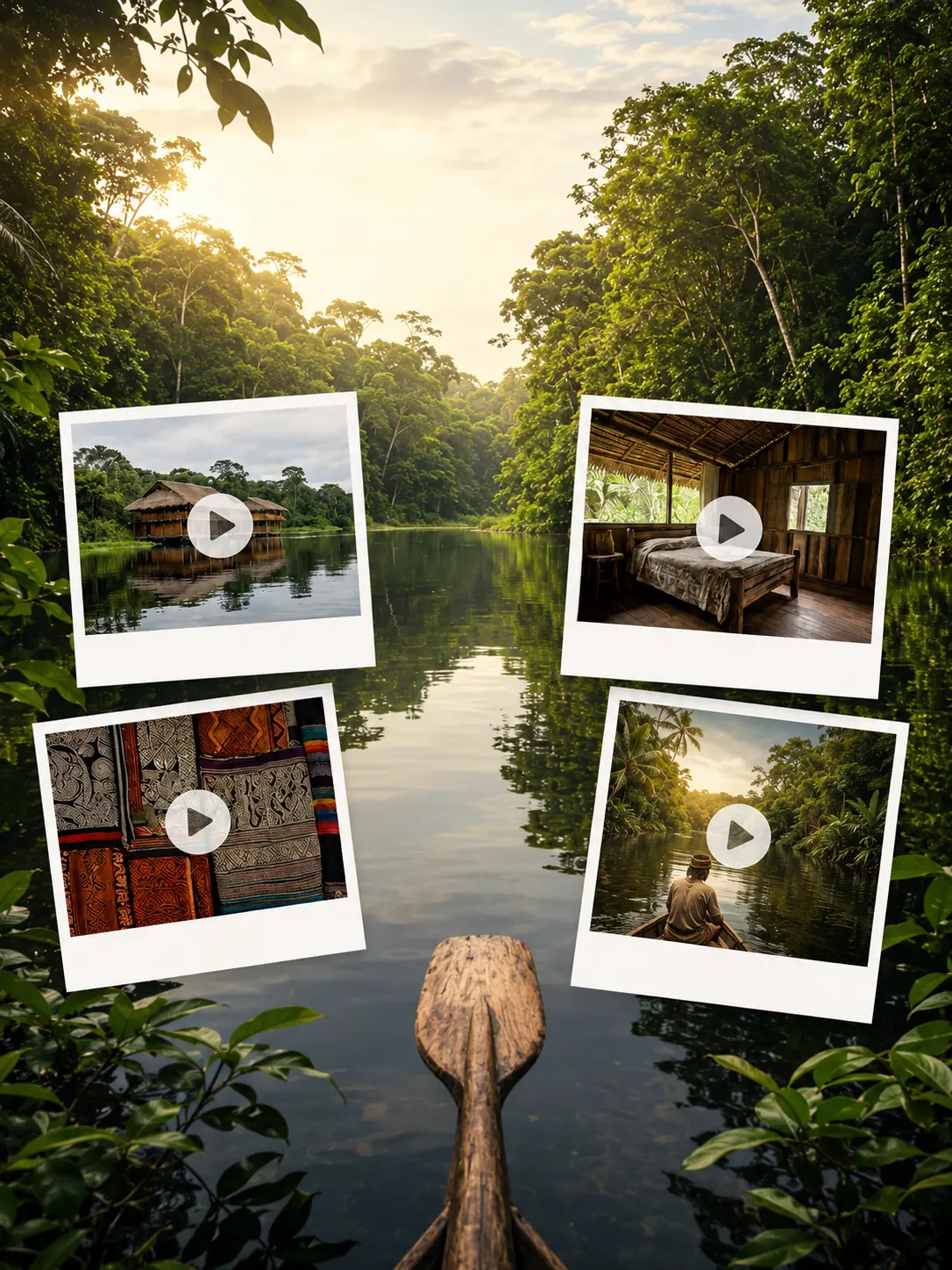 Amazon river surrounded by rainforest with video-style frames showing the sanctuary lodge, a bedroom, Amazonian textiles, and a canoe journey.